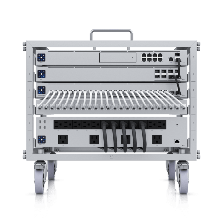 Silver UniFi Toolless Mini Rack with 6U capacity and lockable casters.